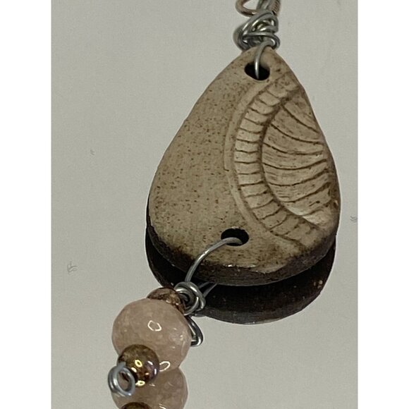 Vintage Handmade Ceramic Shell Fossil Earrings Dangle with Beads Teardrop Shape - Picture 3 of 3